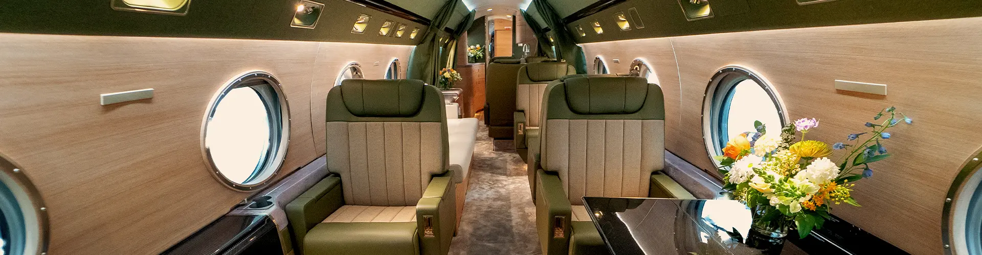 Interior of refurbished Gulfstream GV with yacht-like feel
