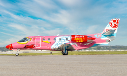 Side view of the Ripley's Believe It or Not! Flying Pig Citation by Duncan Aviation featuring nose ring, rubber chicken earring, and goggles.