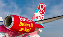 Engine and tail of the Ripley's Believe It or Not! Citation by Duncan Aviation featuring iconic Ripley's logo