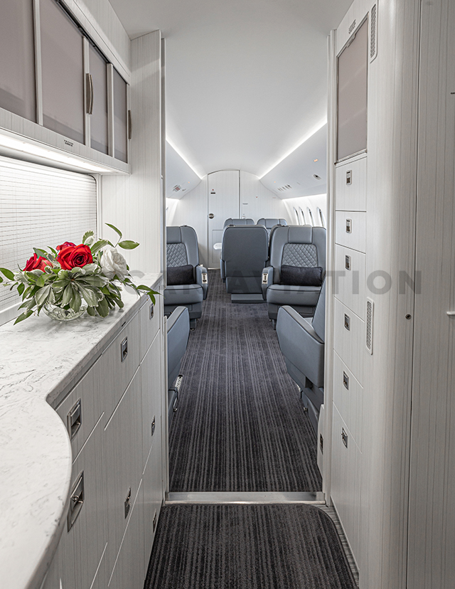 White and bright galley in Falcon 2000 refurbishment